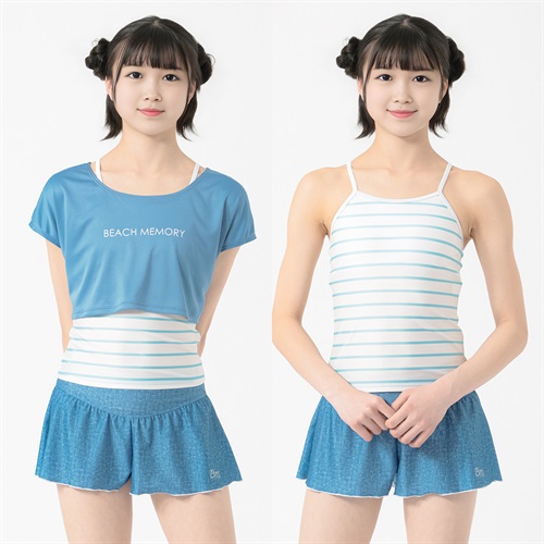 BEACH♥MEMORY(ビーチメモリー) ボーダータンキニＴ付３点セット水着 小学生 中学生 水着 女の子 キッズ 140cm-160cm(ブルー-140cm)