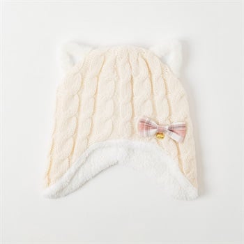 ネコチェックリボン付きニット帽子 キッズ 女の子(アイボリー-ONE SIZE)
