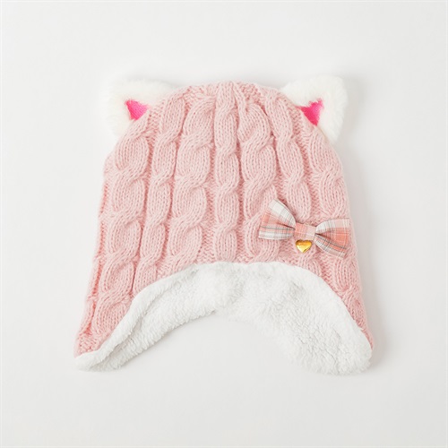 ネコチェックリボン付きニット帽子 キッズ 女の子(ピンク-ONE SIZE)