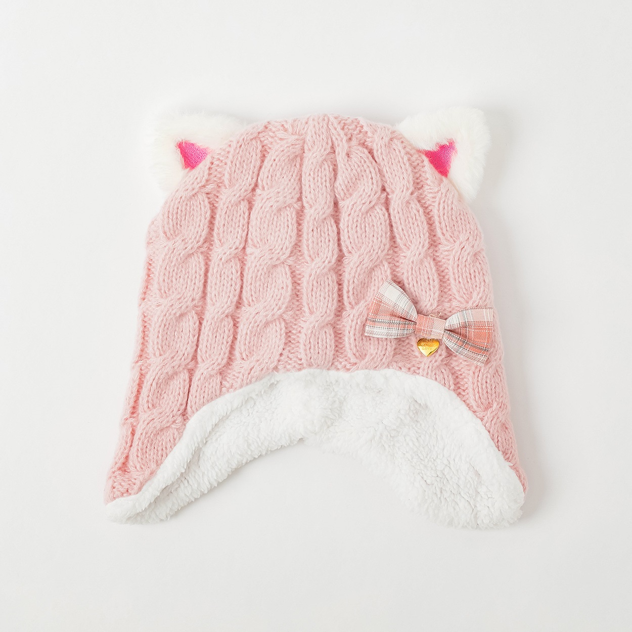 ネコチェックリボン付きニット帽子 キッズ 女の子(ピンク-ONE SIZE)