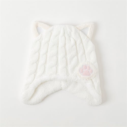 ネコミミ肉球モチーフMIXニット帽子 キッズ 女の子(ホワイト-ONE SIZE)