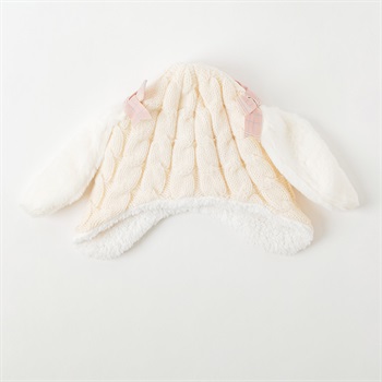 ウサミミチェックリボンニット帽子 キッズ 女の子(アイボリー-ONE SIZE)