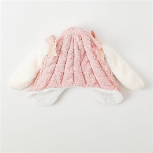 ウサミミチェックリボンニット帽子 キッズ 女の子(ピンク-ONE SIZE)