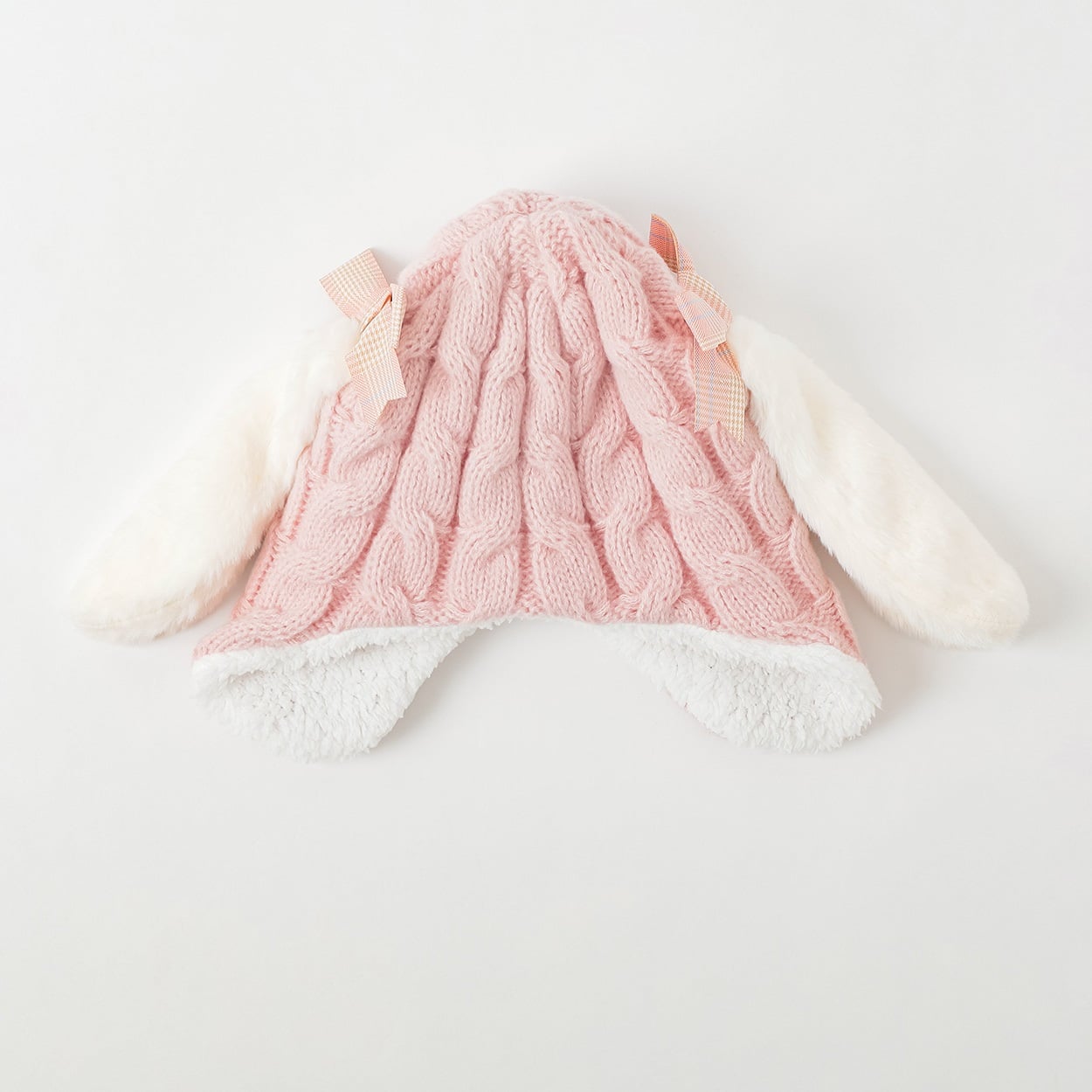 ウサミミチェックリボンニット帽子 キッズ 女の子(ピンク-ONE SIZE)