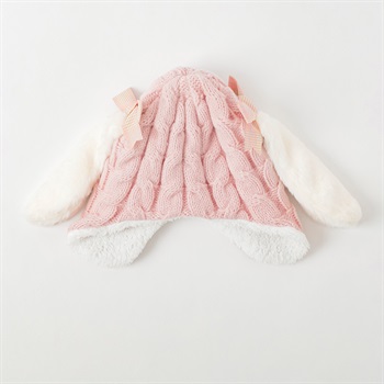 ウサミミチェックリボンニット帽子 キッズ 女の子(ピンク-ONE SIZE)