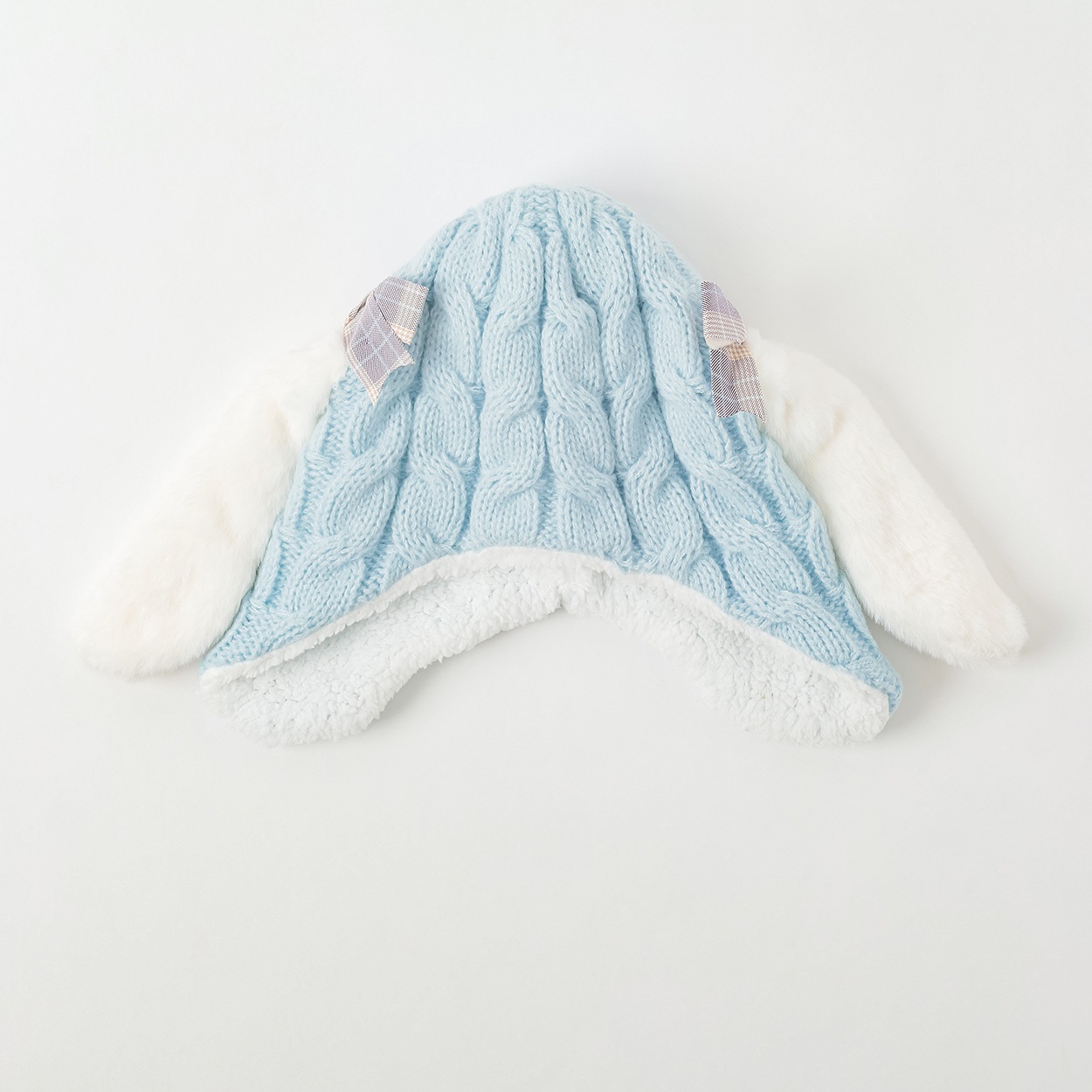 ウサミミチェックリボンニット帽子 キッズ 女の子(サックス-ONE SIZE)