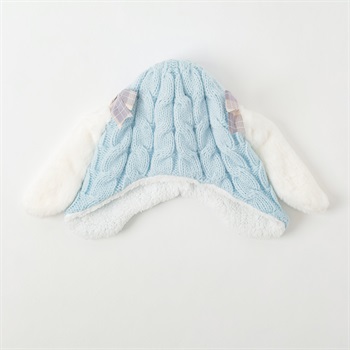 ウサミミチェックリボンニット帽子 キッズ 女の子(サックス-ONE SIZE)