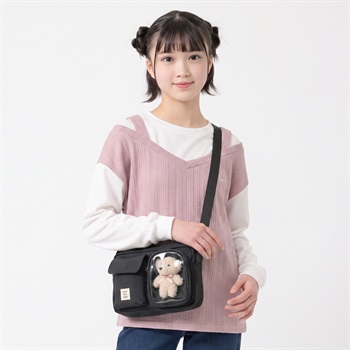 ぬいぐるみ付きクリアポケットショルダーバッグ キッズ 女の子(ブラック-ONE SIZE)