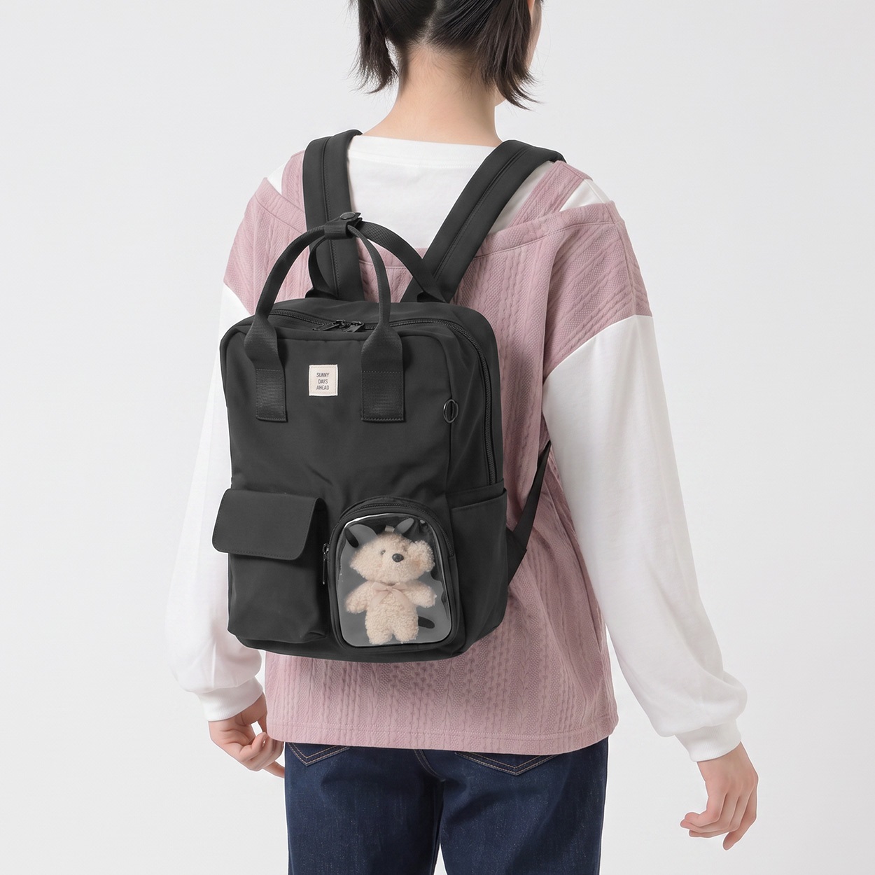 ぬいぐるみ付きクリアポケット2WAYリュック キッズ 女の子(ブラック-ONE SIZE)
