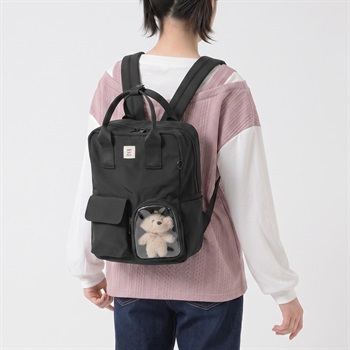 ぬいぐるみ付きクリアポケット2WAYリュック キッズ 女の子(ブラック-ONE SIZE)