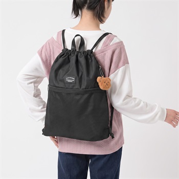 チャーム付きメッシュポケットナップサック キッズ 女の子(ブラック-ONE SIZE)