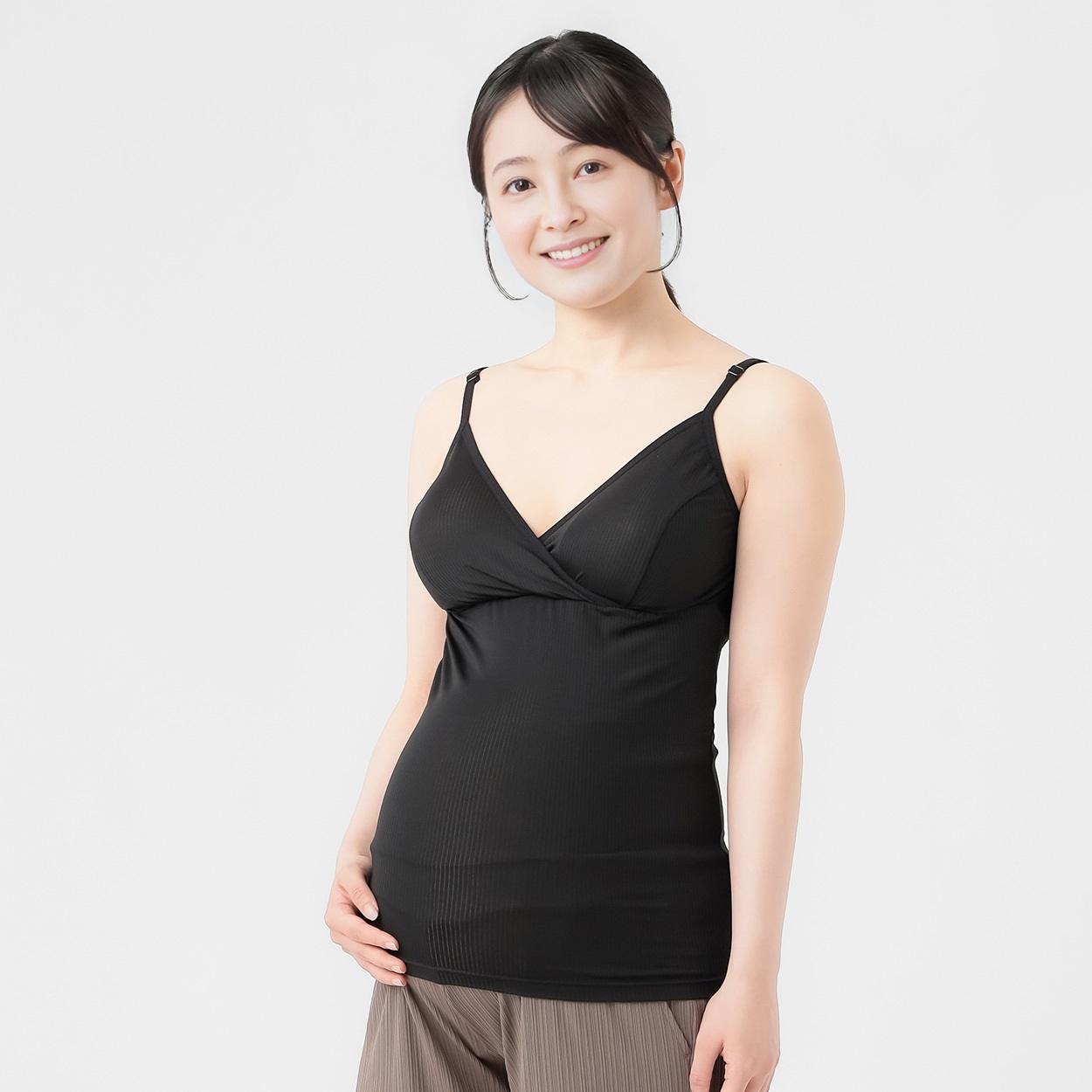 マミールナ カップ付き リブ キャミソール 産前～産後 インナー マタニティ(ブラック-マタニティM)