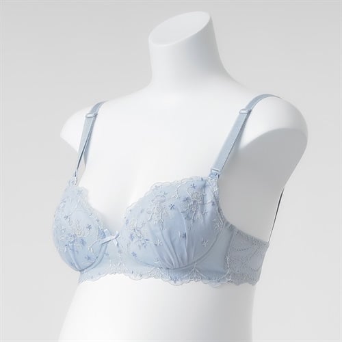 花柄チュールレース ノンワイヤー ブラジャー 産前～授乳期 マタニティ(サックス-マタニティＭ)