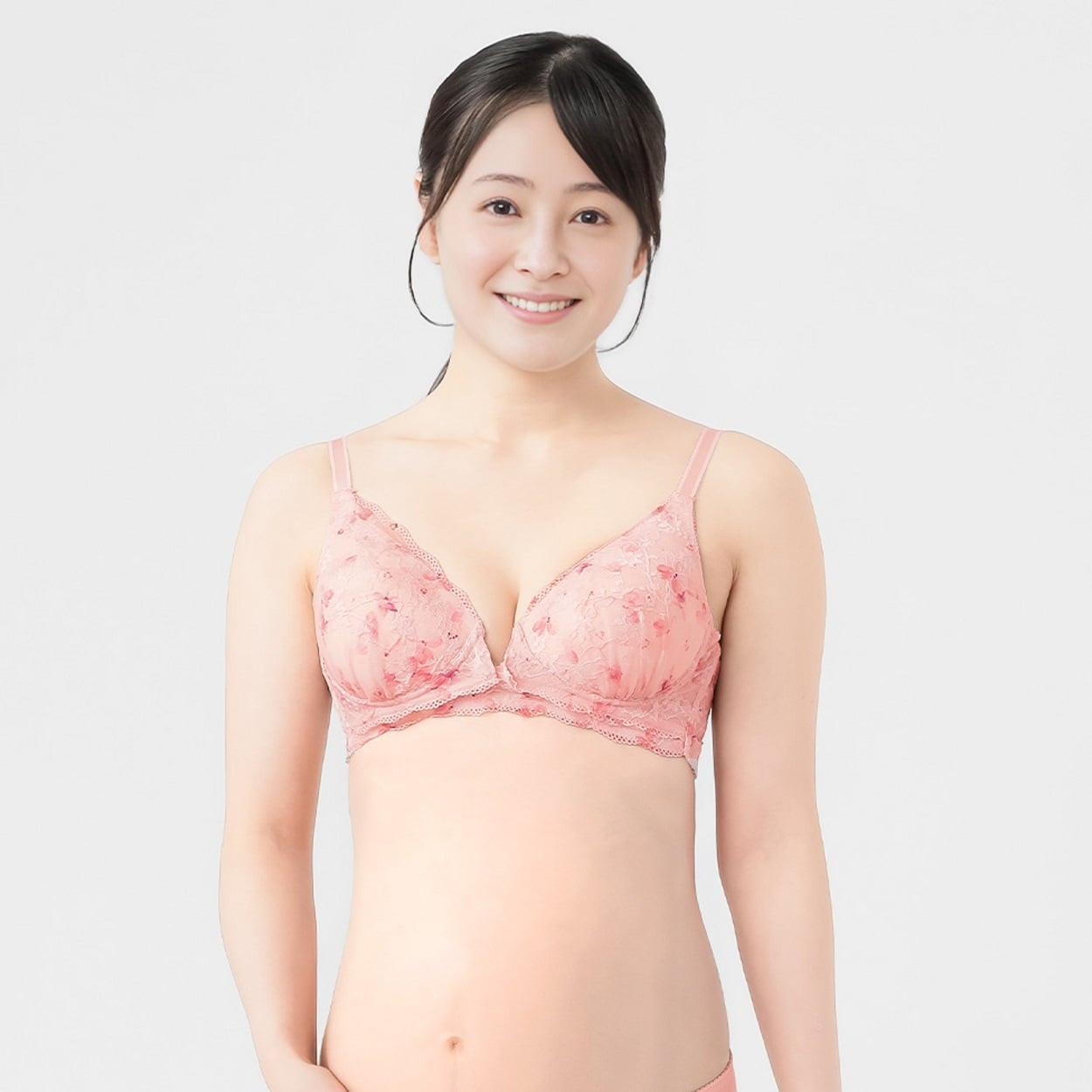 花柄レース ノンワイヤー モールドカップブラジャー 産前～授乳期 マタニティ(ピンク-マタニティLL)