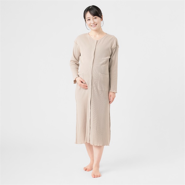 やさしく伸びる リブ 長袖 ネグリジェ 産前～産後 マタニティ(ベージュ-マタニティL)