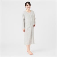 コットン混ニットダブルガーゼ 長袖 ネグリジェ 産前～産後 マタニティ(杢グレー-マタニティM)