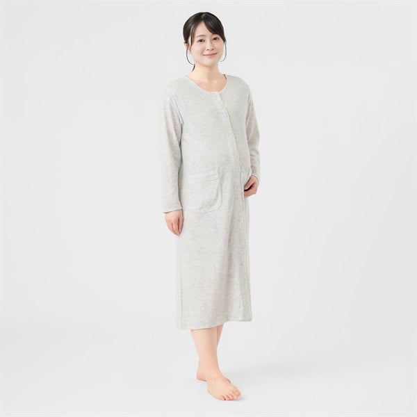 コットン混ニットダブルガーゼ 長袖 ネグリジェ 産前～産後 マタニティ(杢グレー-マタニティL)