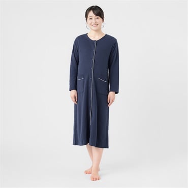 コットン混ニットダブルガーゼ 長袖 ネグリジェ 産前～産後 マタニティ(ネイビー-マタニティM)