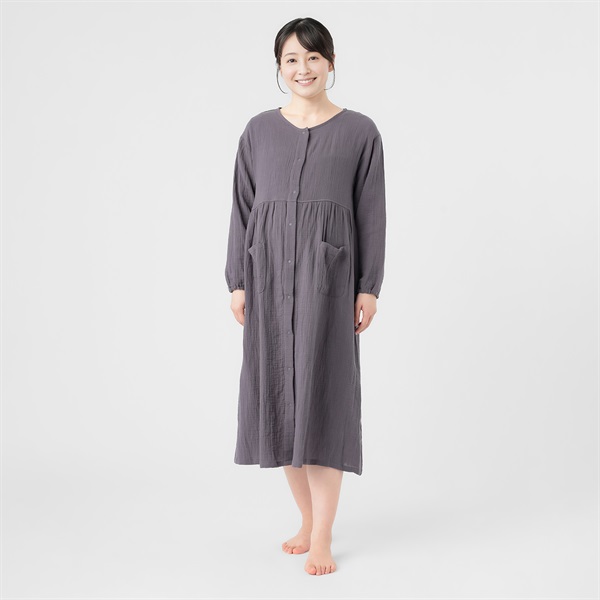 やわらかガーゼ 長袖 ネグリジェ 産前～産後 マタニティ(ブルーグレー-マタニティL)
