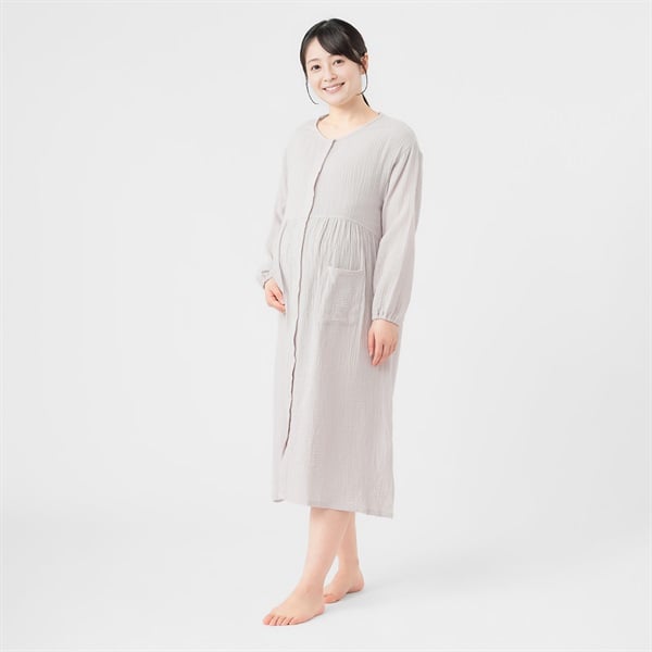 やわらかガーゼ 長袖 ネグリジェ 産前～産後 マタニティ(パープル-マタニティM)