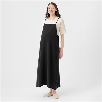麻調合繊キャミワンピース×半袖シャツ アンサンブル 産前～産後 マタニティ(ブラック-マタニティM)