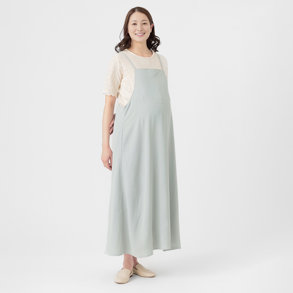 麻調合繊キャミワンピース×半袖シャツ アンサンブル 産前～産後 マタニティ(ミントグリーン-マタニティL)