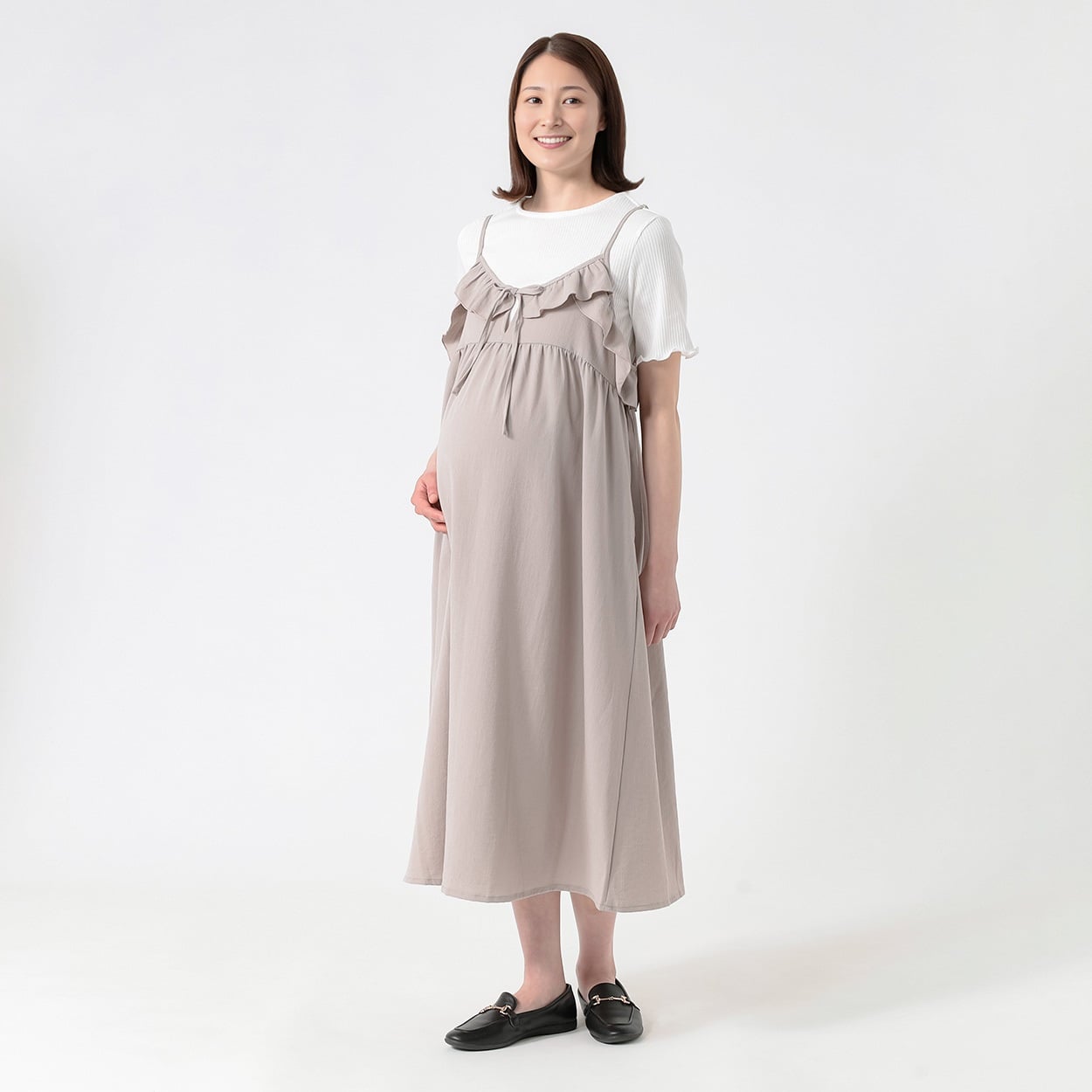 テレコTシャツ×布帛キャミワンピースセット 産前～産後 マタニティ(ベージュ-マタニティM)