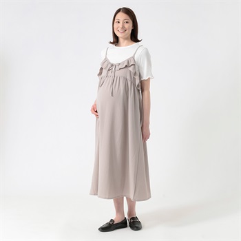 テレコTシャツ×布帛キャミワンピースセット 産前～産後 マタニティ(ベージュ-マタニティM)