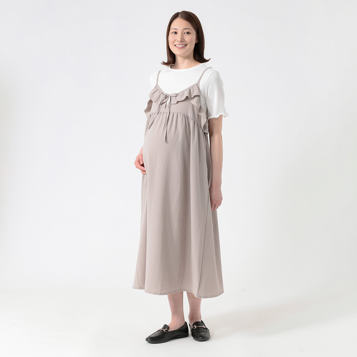 テレコTシャツ×布帛キャミワンピースセット 産前～産後 マタニティ(ベージュ-マタニティL)