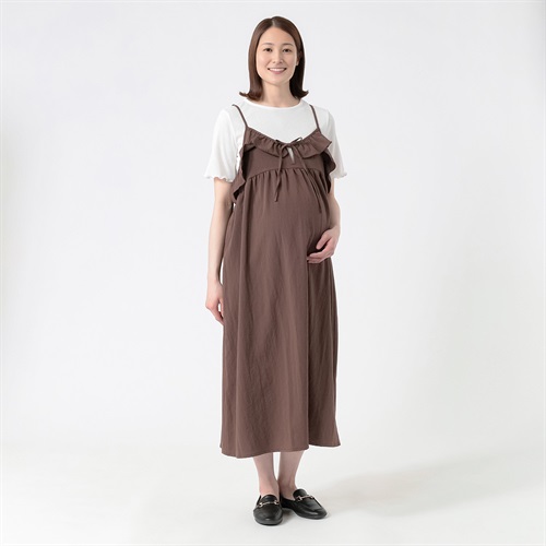 テレコTシャツ×布帛キャミワンピースセット 産前～産後 マタニティ(ブラウン-マタニティM)