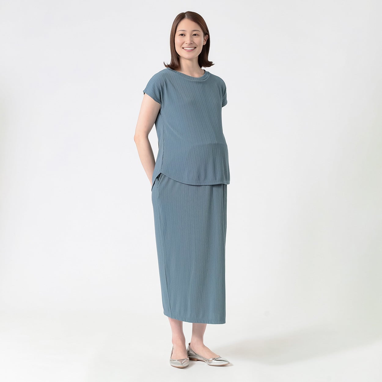 ランダムテレコ ドッキング フレンチスリーブワンピース 産前～産後 マタニティ(ブルーグレー-マタニティL)