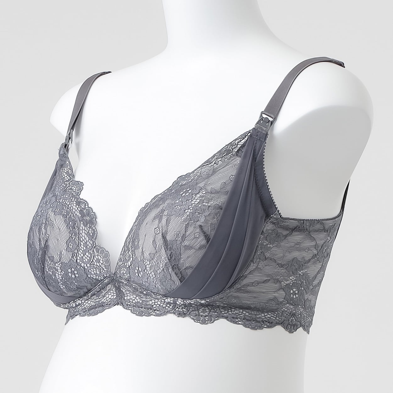 レース 脇高 ノンワイヤー モールドカップ ブラジャー 産前～授乳期 マタニティ(チャコールグレー-マタニティM)