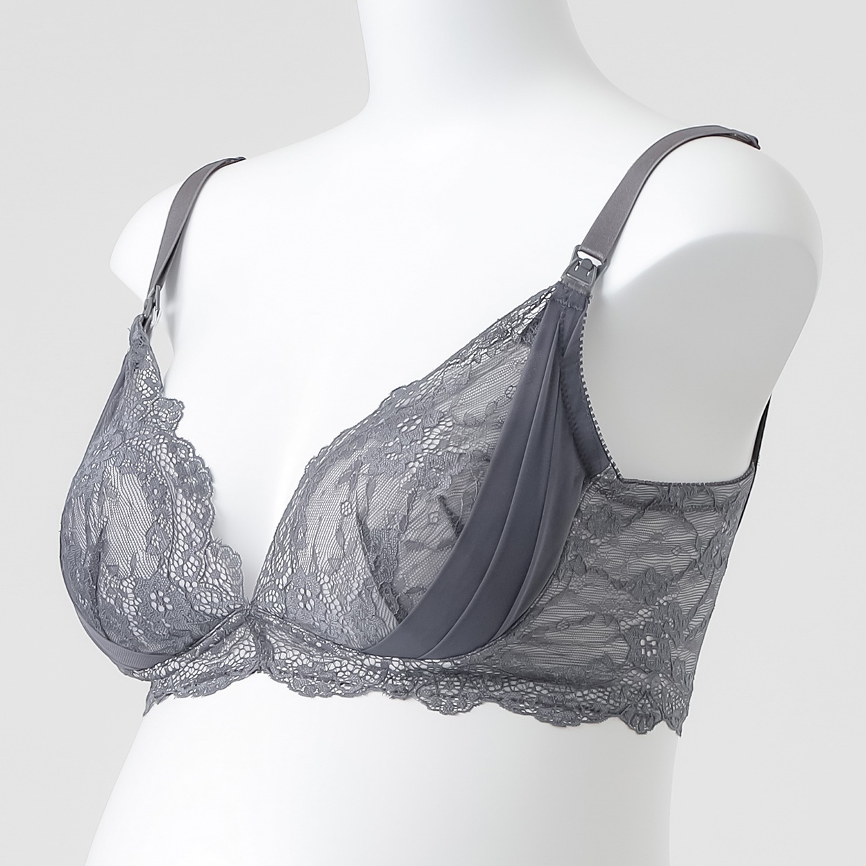 レース 脇高 ノンワイヤー モールドカップ ブラジャー 産前～授乳期 マタニティ(チャコールグレー-マタニティL)