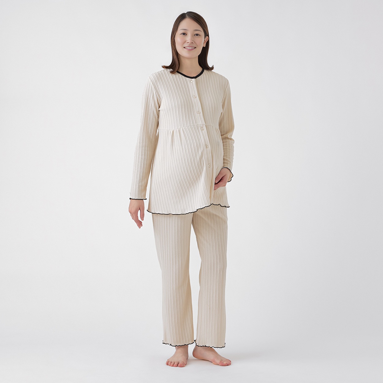 ケーブルジャカード 長袖パジャマ 産前～産後 マタニティ(アイボリー-マタニティL)