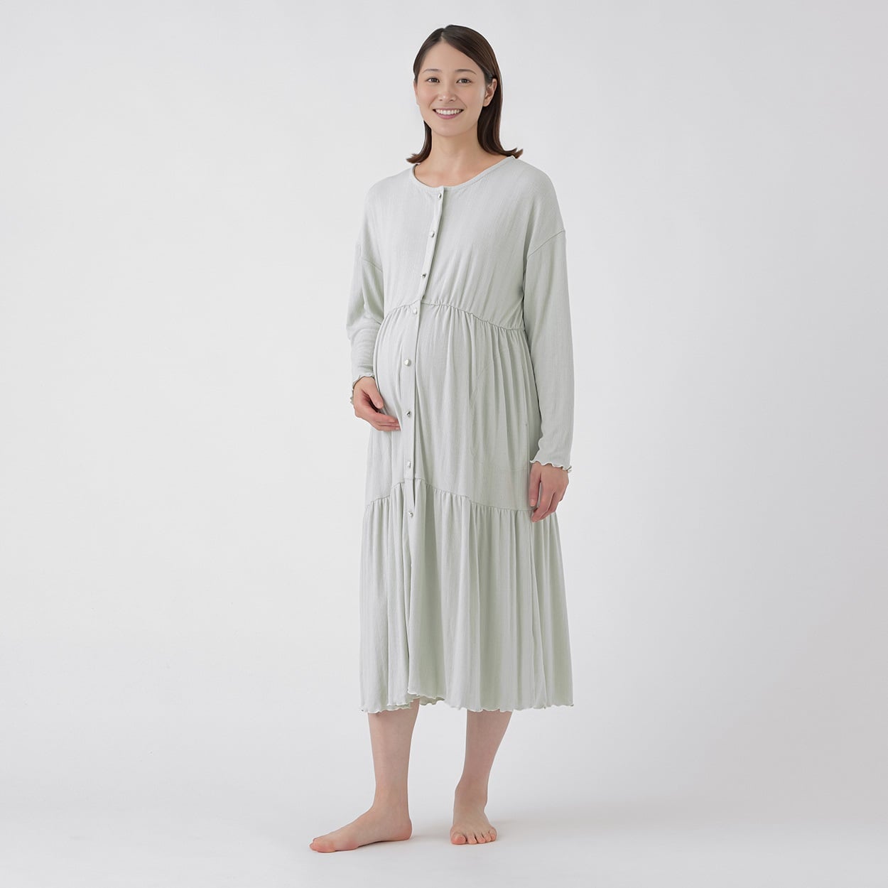 パターンメッシュ 長袖ワンピース パジャマ ネグリジェ 産前～産後 マタニティ(ミントグリーン-マタニティM)
