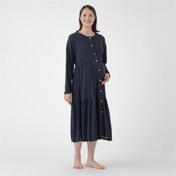 パターンメッシュ 長袖ワンピース パジャマ ネグリジェ 産前～産後 マタニティ(ネイビー-マタニティM)