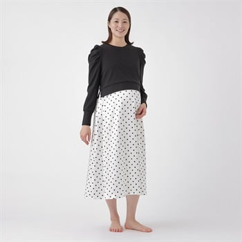 ドット柄スカートドッキング 長袖ワンピース 授乳口付 産前～授乳期 マタニティ(ブラック-マタニティM)