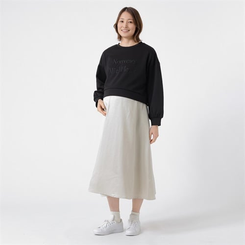 ロゴ刺繍ドッキング 長袖ワンピース 産前～産後 マタニティ(ブラック-マタニティM)