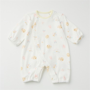 日本製 スムース ファンシー柄 ちびオール 新生児 ベビー服(クリーム-60～70cm)
