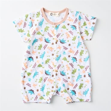 天竺 恐竜柄 半袖カバーオール ベビー服(カーキ-70cm)
