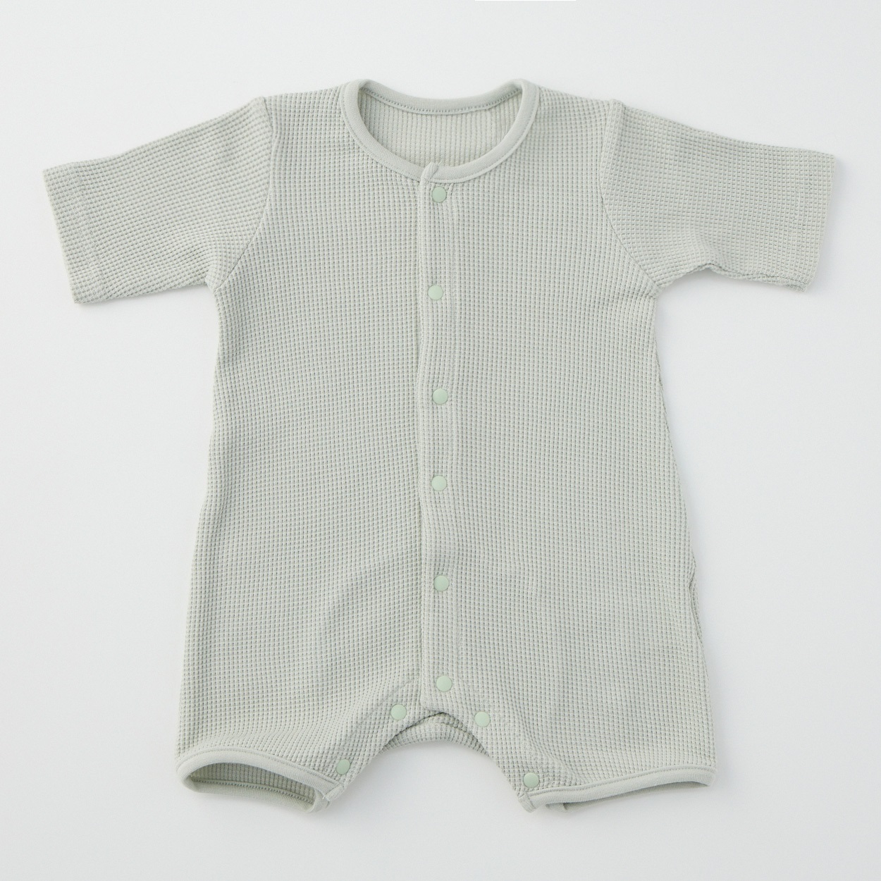 シンプル ワッフル 長袖プレオール 新生児 ベビー(グリーン-60～70cm)