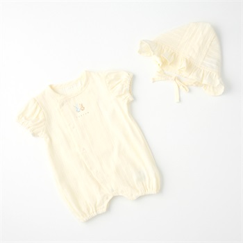 TEATAM ジャガード織 半袖プレオール 帽子付き 新生児 ベビー(アイボリー-50～60cm)