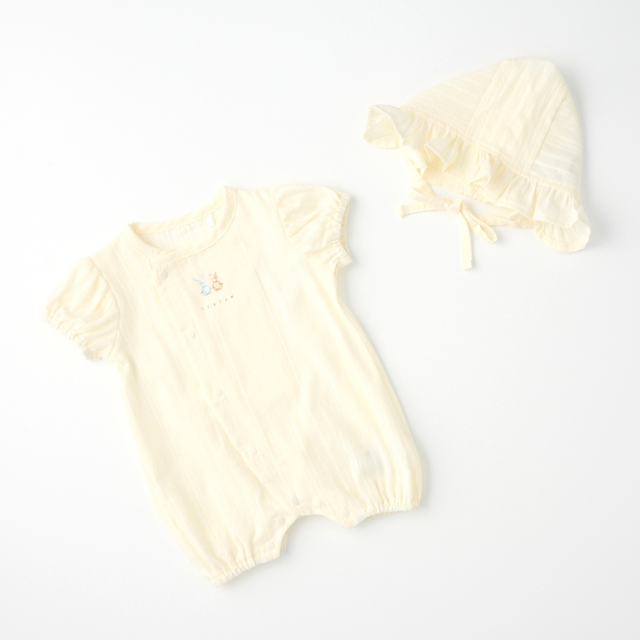 TEATAM ジャガード織 半袖プレオール 帽子付き 新生児 ベビー(アイボリー-60～70cm)