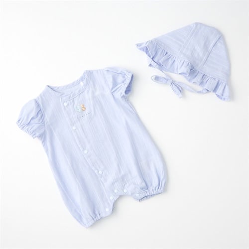 TEATAM ジャガード織 半袖プレオール 帽子付き 新生児 ベビー(サックス-50～60cm)