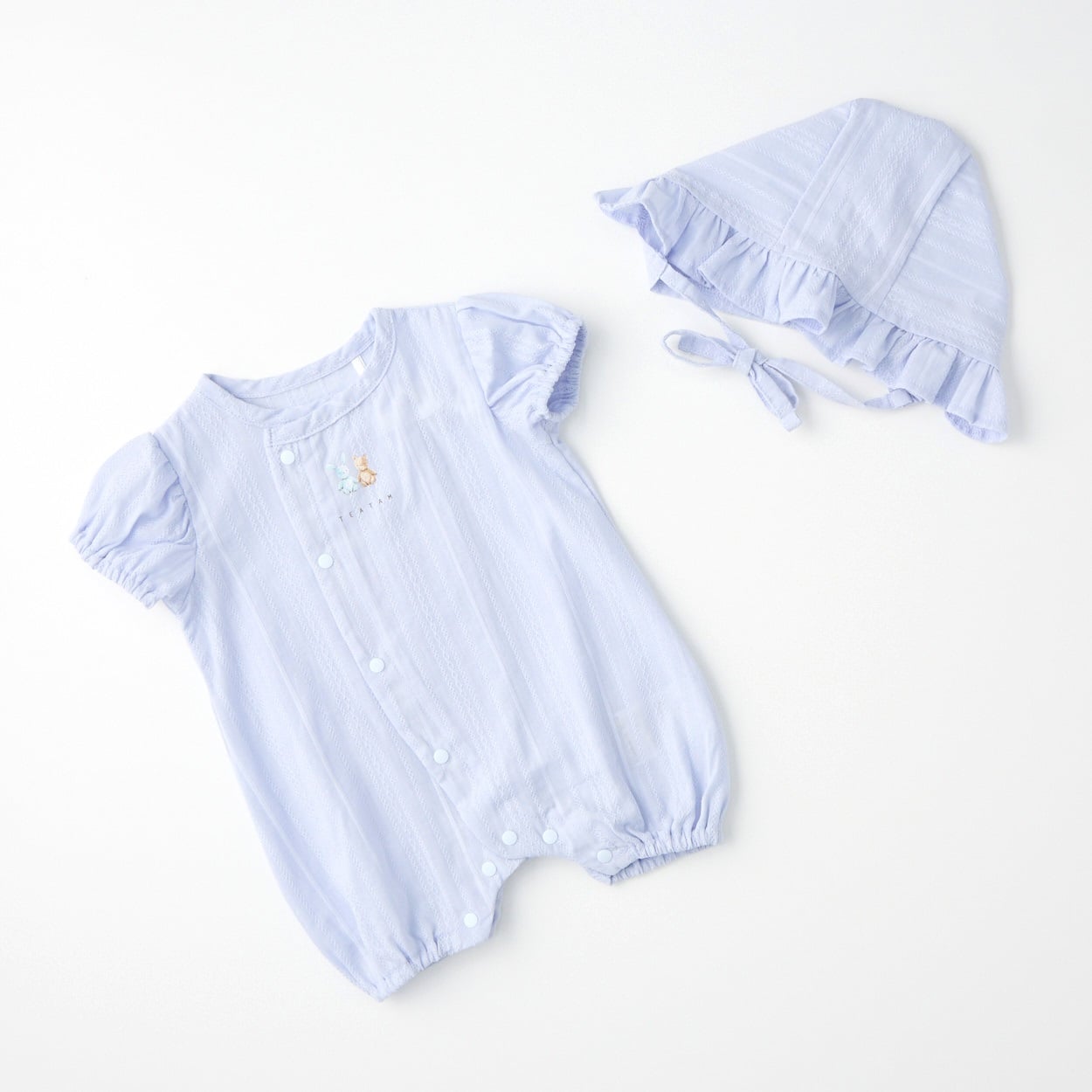 TEATAM ジャガード織 半袖プレオール 帽子付き 新生児 ベビー(サックス-50～60cm)