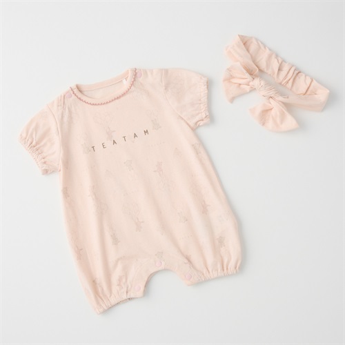 TEATAM 天竺 風船&アニマル総柄 半袖プレオール 新生児 ベビー(ピンク-50～60cm)