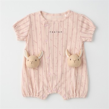 TEATAM ワッフル ストライプ 総柄 アニマルモチーフ半袖ロンパース 新生児 ベビー(うさぎ(ピンク)-50～60cm)