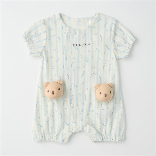 TEATAM ワッフル ストライプ 総柄 アニマルモチーフ半袖ロンパース 新生児 ベビー(くま(サックス)-50～60cm)