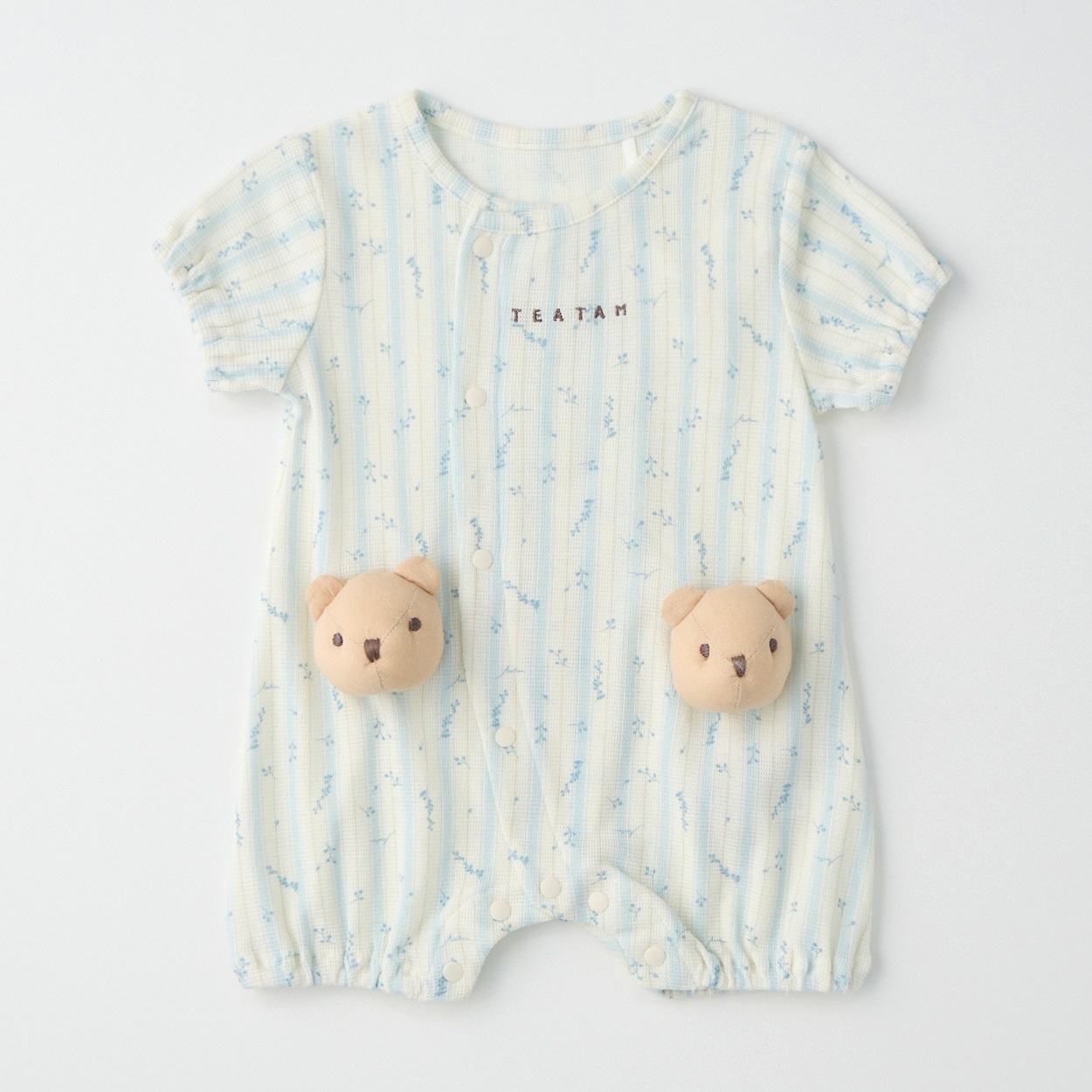 TEATAM ワッフル ストライプ 総柄 アニマルモチーフ半袖ロンパース 新生児 ベビー(くま(サックス)-60～70cm)