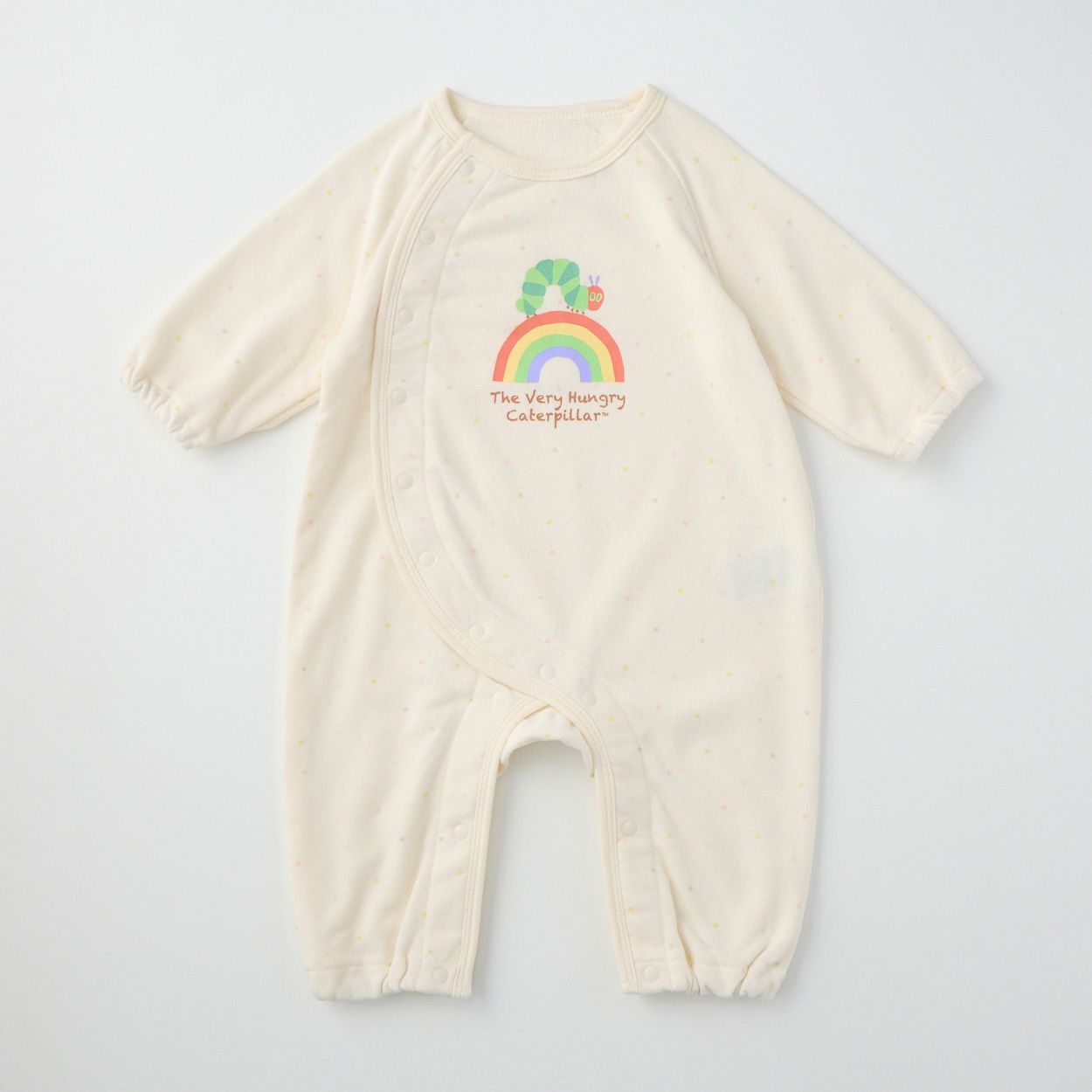 はらぺこあおむし ドット柄 長袖プレオール 新生児 ベビー(生成-50～60cm)